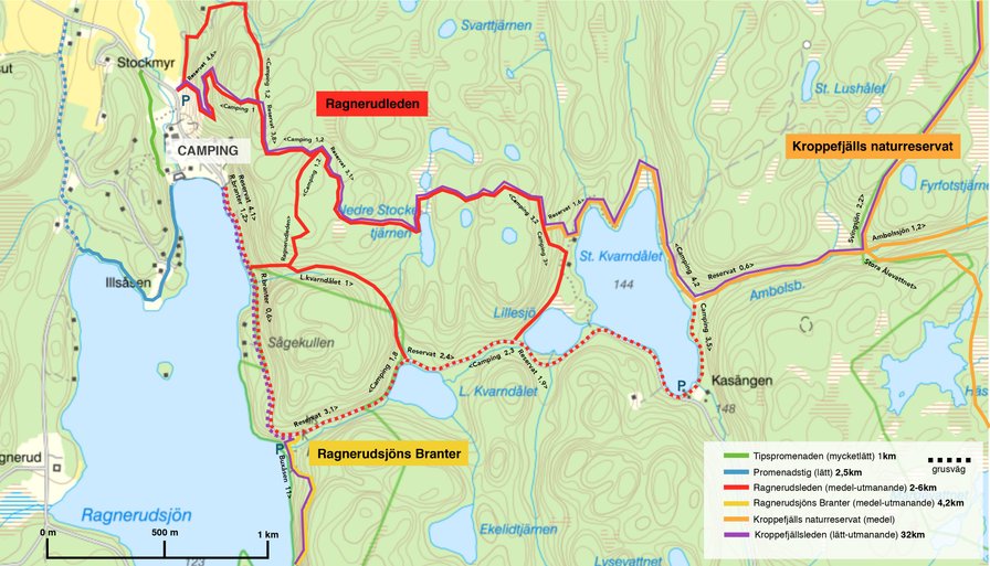 Vandringskarta över lederna närmast Ragnerud och Ragnerudsjön